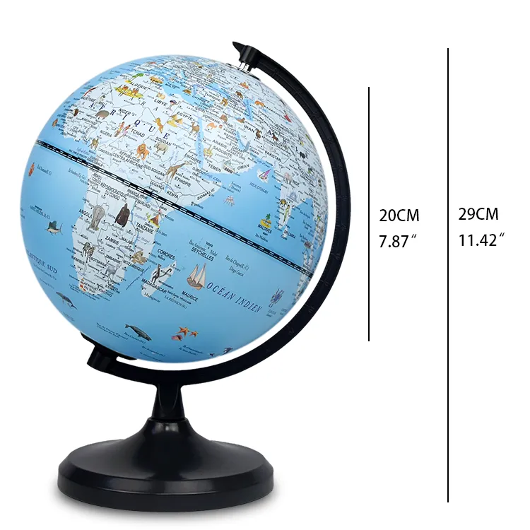 20cm (8") French Language Cartoon World Globe with Black Painted Metal Base & Meridian detail view 1